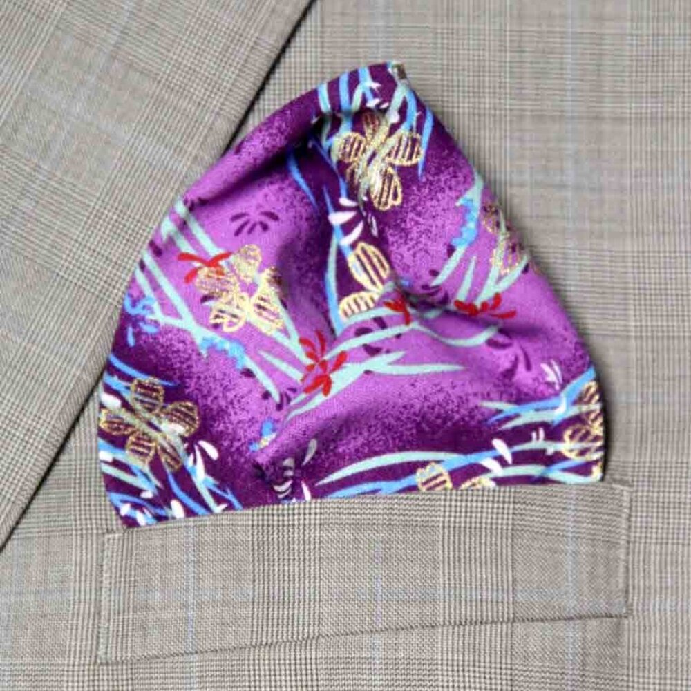 Gascoigne Hand Stitched Japanese Kimono Fabric Pocket Square Purple Floral Men's